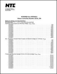 NTE5527 datasheet: Silicon controlled rectifier (SCR), 25A. Repetitive peak forward and reverse voltage Vdrm,Vrrm = 400V. RMS forard current It(rms) = 25A. NTE5527