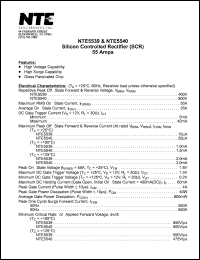 NTE5539 datasheet: Silicon controlled rectifier (SCR). Repetitive peak off-state forward & reverse voltage Vdrm,Vrrm =400V. Max RMS on-state current 55A. NTE5539