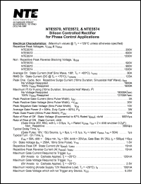 NTE5572 datasheet: Silicon controlled rectiifier for phase control applications. Repetitive peak voltage, Vrrm = 600V. Non - repetitive peak reverse blocking voltage, Vrsm = 900V. RMS on-state current, Itrms = 125A. NTE5572