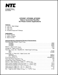 NTE5589 datasheet: Silicon controlled rectiifier for phase control applications. Repetitive peak voltage Vdrm,Vrrm = 1200V. RMS on-state current It(rms) = 550A. NTE5589