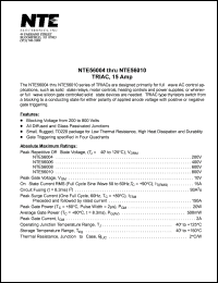 NTE56008 datasheet: TRIAC, 15 Amp. Peak repetitive off-state voltage Vdrm = 600V. NTE56008