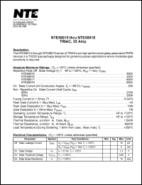 NTE56016 datasheet: TRIAC, 25 Amp. Repetitive peak off-state voltage Vdrm = 400V. NTE56016