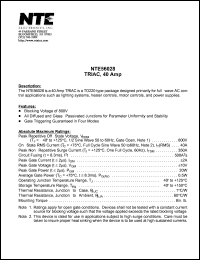 NTE56028 datasheet: TRIAC, 40 Amp. Repetitive peak off-state voltage Vdrm = 800V. On-state RMS current 40A. NTE56028