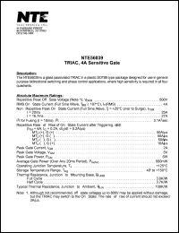 NTE56039 datasheet: TRIAC, 4 Amp, sensitive gate. Repetitive peak off-state voltage Vdrm = 500V. On-state RMS current 4A. NTE56039