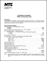 NTE56041 datasheet: TRIAC, 4 Amp, sensitive gate. Repetitive peak off-state voltage Vdrm = 600V. On-state RMS current 4A. NTE56041