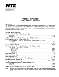 NTE56049 datasheet: TRIAC, 4A, low logic level. Repetitive peak off-state voltage Vdrm = 500V. RMS on-state current 4A. NTE56049