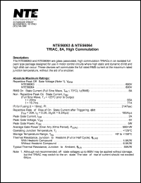 NTE56063 datasheet: TRIAC, 8A, high commutation. Repetitive peak off-state voltage Vdrm = 600V. RMS on-state current 8A. NTE56063