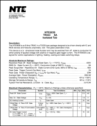 NTE5638 datasheet: TRIAC, 8A, isolated tab. Repetitive peak off-state voltage Vdrm = 400V. RMS on-state current 8A. NTE5638