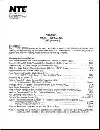 NTE5671 datasheet: TRIAC, 20A. Repetitive peak off-state voltage Vdrm = 800V. On-state RMS current 16A. NTE5671