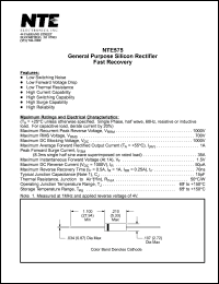 NTE575 datasheet: General purpose silicon rectifier, fast recovery. Max reccurent peak reverse voltage Vrrm = 1000V. Max average forward rectified output current I(av) = 1A. NTE575