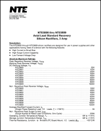 NTE5802 datasheet: Axial lead standard recovery. Silicon rectifier, 3 amp. Peak repetitive reverse voltage, working peak reverse voltage, DS blocking voltage  200V. Non-repetitive peak reverse voltage 400V NTE5802