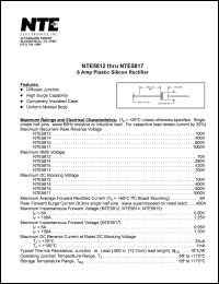 NTE5812 datasheet: 6 Amp. Plastic silicon rectifier. Max recurrent peak reverse voltage 100V. Max RMS voltage 70V. Max average forward rectified current 6A. NTE5812