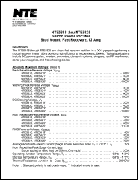 NTE5819 datasheet: Silicon power rectifier. Stud mount, fast recovery, 12 Amp. Peak repetitive reverse voltage 200V. Non-repetitive peak reverse voltage 250V. NTE5819