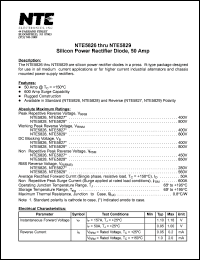 NTE5827 datasheet: Silicon power rectifier diode, 50 Amp. Peak repetitive reverse voltage 400V. Non-repetitive peak reverse voltage 450V. NTE5827