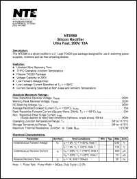 NTE599 datasheet: Silicon rectifier, ultra fast. Peak repetitive reverse voltage 200V. Average rectified forward current 15A. NTE599