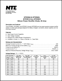 NTE5916 datasheet: Silicon power rectifier diode. Cathode to case. Max repetitive peak reverse voltage 200V. Average forward current 20A. NTE5916