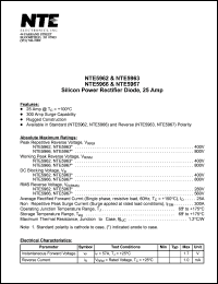 NTE5962 datasheet: Silicon power rectifier diode. Cathode to case. Repetitive peak reverse voltage 400V. Average rectified forward current 25A. NTE5962