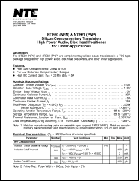 NTE61 datasheet: Silicon complrmentary PNP transistor to NTE60. High power audio, disk head positioner for linear applications. NTE61