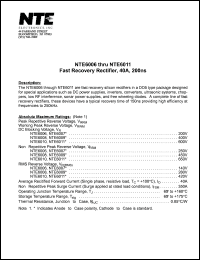 NTE6006 datasheet: Fast recovery rectifier, 200ns. Cathode to case. Peak repetitive reverse voltage 200V. Average rectified forward current 40A. NTE6006