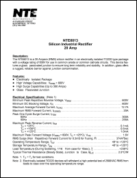 NTE6013 datasheet: Silicon industrial recfifier. Max peak repetitive reverse voltage 600V. Max RMS forward current 20A. NTE6013