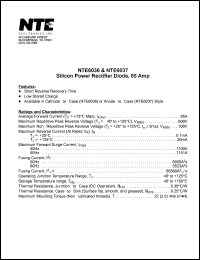 NTE6036 datasheet: Silicon power recfifier diode . Cathode to case. Max repetitive peak reverse voltage 600V. Average forward current 85A. NTE6036