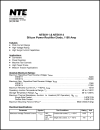 NTE6114 datasheet: Silicon power rectifier diode,1100 Amp. Max repetitive peak reverse voltae 1600V. NTE6114