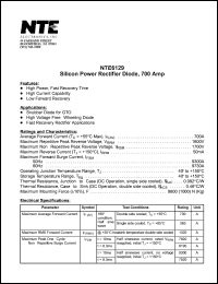 NTE6129 datasheet: Silicon power rectifier diode, 700 Amp. Max repetitive peak revrese voltage 1600V. NTE6129