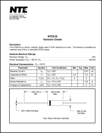 NTE616 datasheet: Varactor diode. Reverse voltage 30V. NTE616