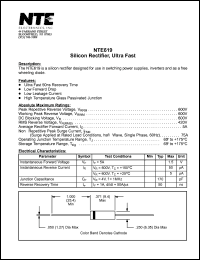 NTE619 datasheet: Silicon rectifier, ultra fast. Peak repetitive reverse voltage 600V. Average rectified forward current 5A. NTE619