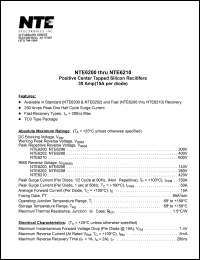 NTE6200 datasheet: Positive center tapped silicon rectifier, standard recovery. Peak repetitive reverse voltage 200V. Average forward current(per diode) 15A. NTE6200