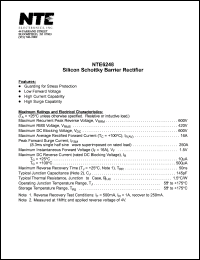 NTE6248 datasheet: Silicon schottky barrier rectifier. Max recurrent peak reverse voltage 600V. Max average rectified forward current 16A. NTE6248