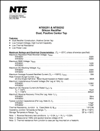 NTE6251 datasheet: Silicon rectifier. Dual, positive center tap. Max repetitive peak reverse voltage 200V. Max average forward rectified current 30A. NTE6251