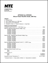 NTE6358 datasheet: Silicon power rectifier diode, 300 Amp. Cathode to case. Max repetitive peak reverse voltage 1000V. NTE6358