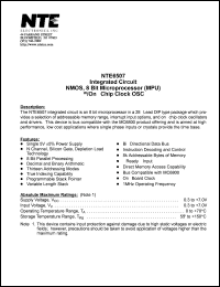 NTE6507 datasheet: Integrated circuit. NMOS, 8 bit microprocessor (MPU), w/on-chip clock OSC. NTE6507