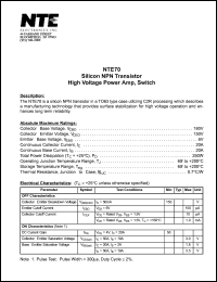 NTE70 datasheet: Silicon NPN transistor. High voltage power amplifier, switch. NTE70