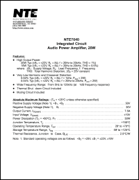 NTE7040 datasheet: Integrated circuit. Audio power amplifier, 20W. NTE7040