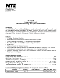 NTE7050 datasheet: Integrated circuit. Phase lock loop (PLL) stereo decoder. NTE7050