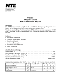 NTE7051 datasheet: Integrated circuit. 1W BTL mono audio amplifier. NTE7051