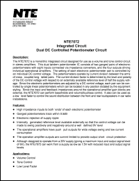 NTE7072 datasheet: Integrated circuit. Dual DC controlled potentiometer circuit. NTE7072