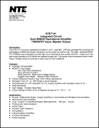 NTE7141 datasheet: Integrated circuit. Dual BIMOS operational amplifier, w/MOSFET input, bipolar output. NTE7141