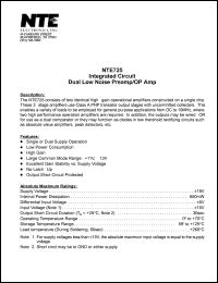 NTE725 datasheet: Integrated circuit. Dual low noise preamp/OP amplifier. NTE725