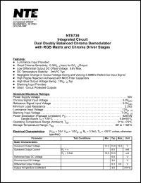 NTE739 datasheet: Integrated circuit. Dual doubly balanced chroma demodulator with RGB matrix and chroma driver stages.. NTE739