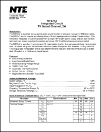 NTE742 datasheet: Integrated circuit. TV sound channel, 2W NTE742