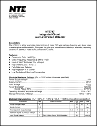 NTE747 datasheet: Integrated circuit. Low level video detector. NTE747