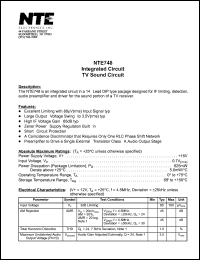 NTE748 datasheet: Integrated circuit. TV sound circuit. NTE748