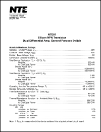 NTE81 datasheet: Silicon NPN transistor. Dual differential amplifier, general purpose switch. NTE81
