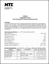 NTE870 datasheet: Integrated circuit. Dual operational transconductance amp. NTE870