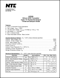 NTE89 datasheet: Silicon NPN transistor. Color TV horizontal output w/intemal damper diode. NTE89