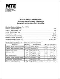 NTE91 datasheet: Silicon complementary PNP transistor. General purpose high gain amplifier. NTE91