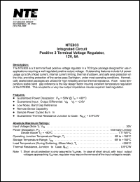 NTE933 datasheet: Integrated circuit. 3-terminal positive voltage regulator, 12V, 5A. NTE933